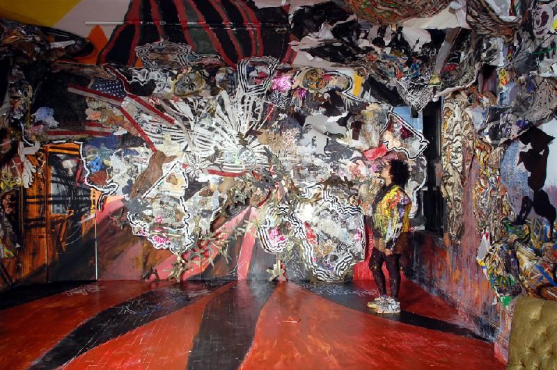 Abigail DeVille, Original Ganstas, 2008, mixed-media collage, 12 x 20 feet.