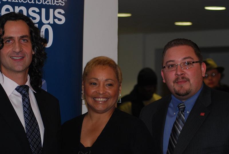Bronx resident and 2010 Census Partnership Specialist Linda Berk flanked by Michael Knobbe and Rafael Dominguez.