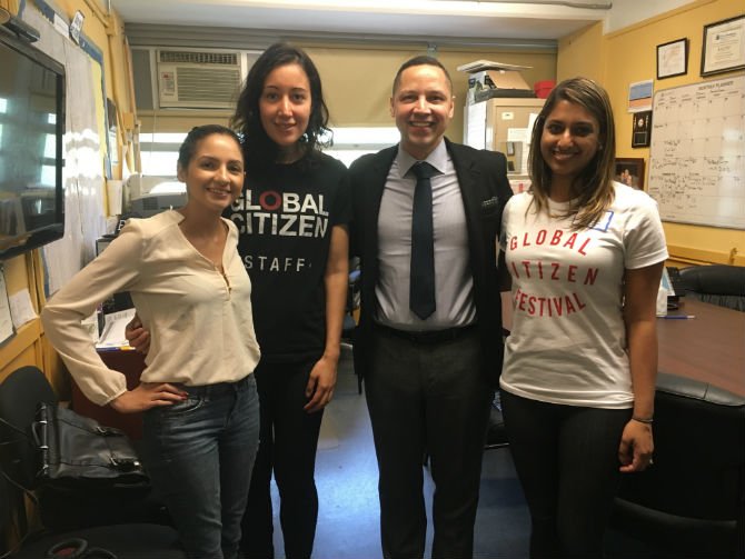Ismelka, Sophia, Principal Ramón González, and Madge met to discuss future opportunities for the global citizens of M.S. 223