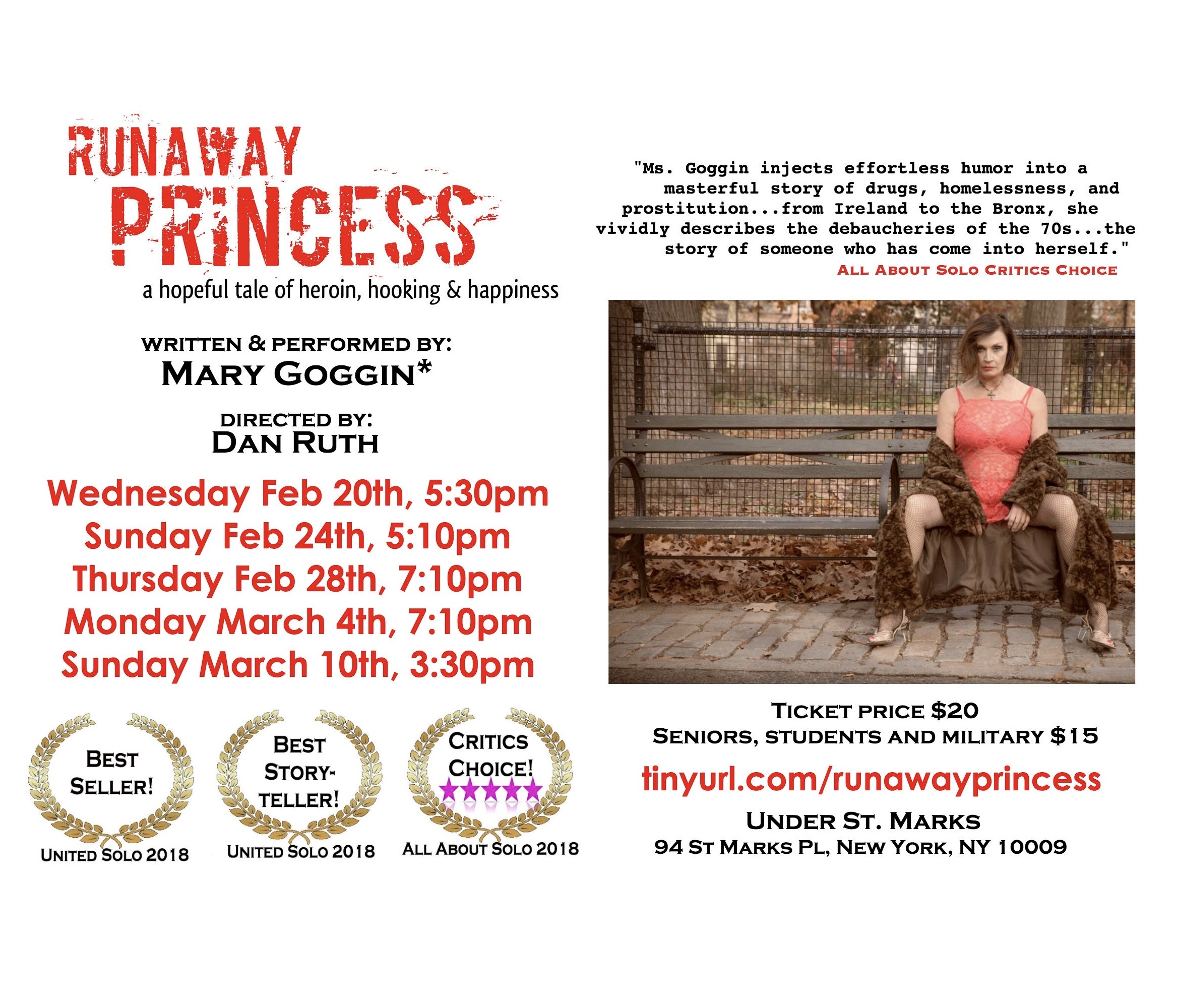 Cancelled: Presenting Mary Goggin’s Multiple Award Winning “Runaway Princess, A Hopeful Tale Of Heroin, Hooking & Happiness”