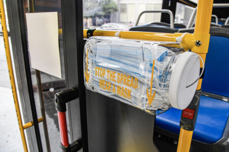 Mask Dispensers Installed Inside Buses For Customers’ Ease Of Access When Boarding