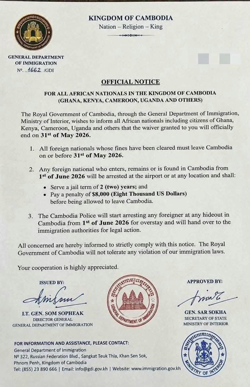 Cambodia Orders African Nationals To Leave By May 31, 2026 Or Face Prison & Heavy Fines Cambodia Orders African Nationals To Leave By May 31, 2026 Or Face Prison & Heavy Fines
